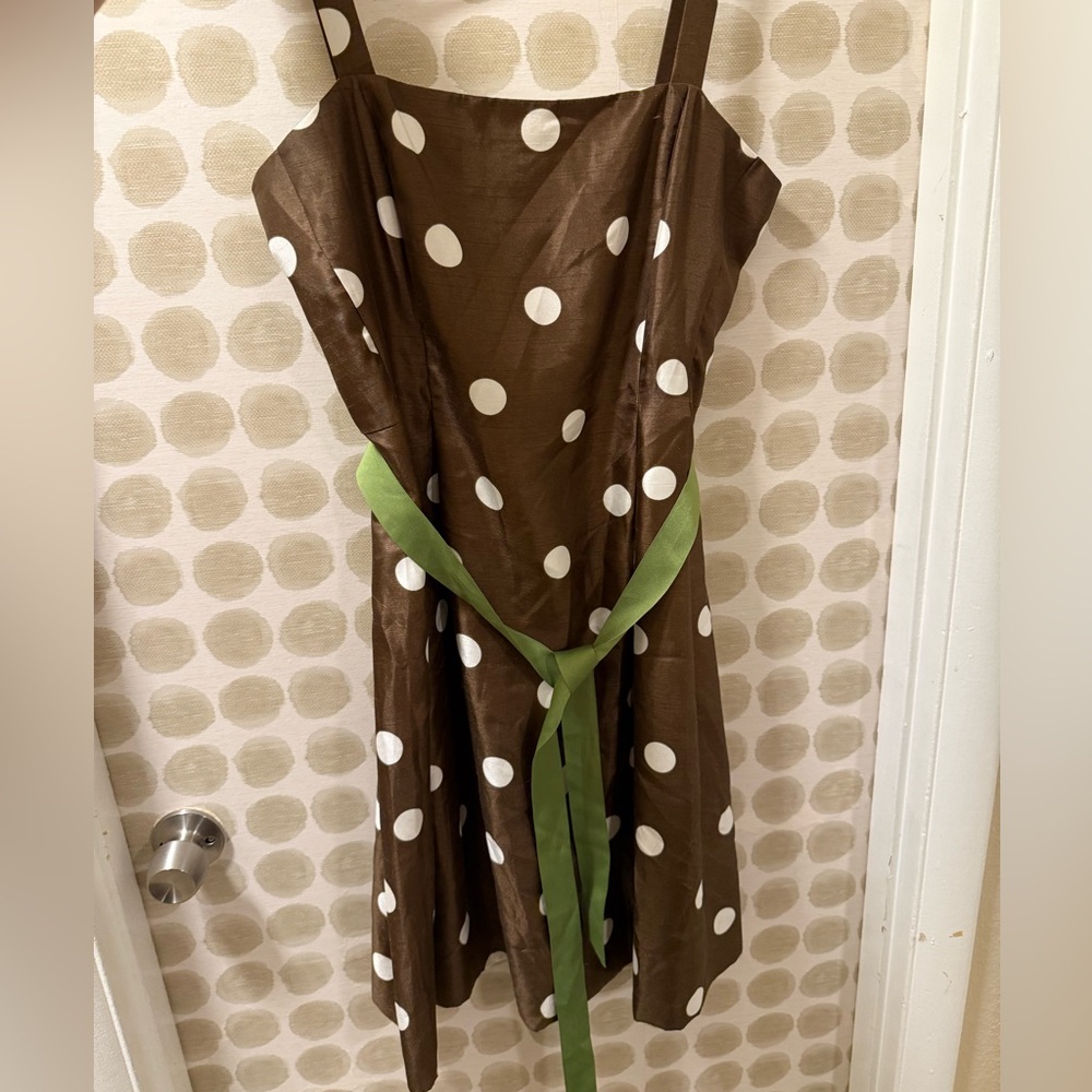 Jessica Howard Brown Dress with White Polka Dots and Green Lining